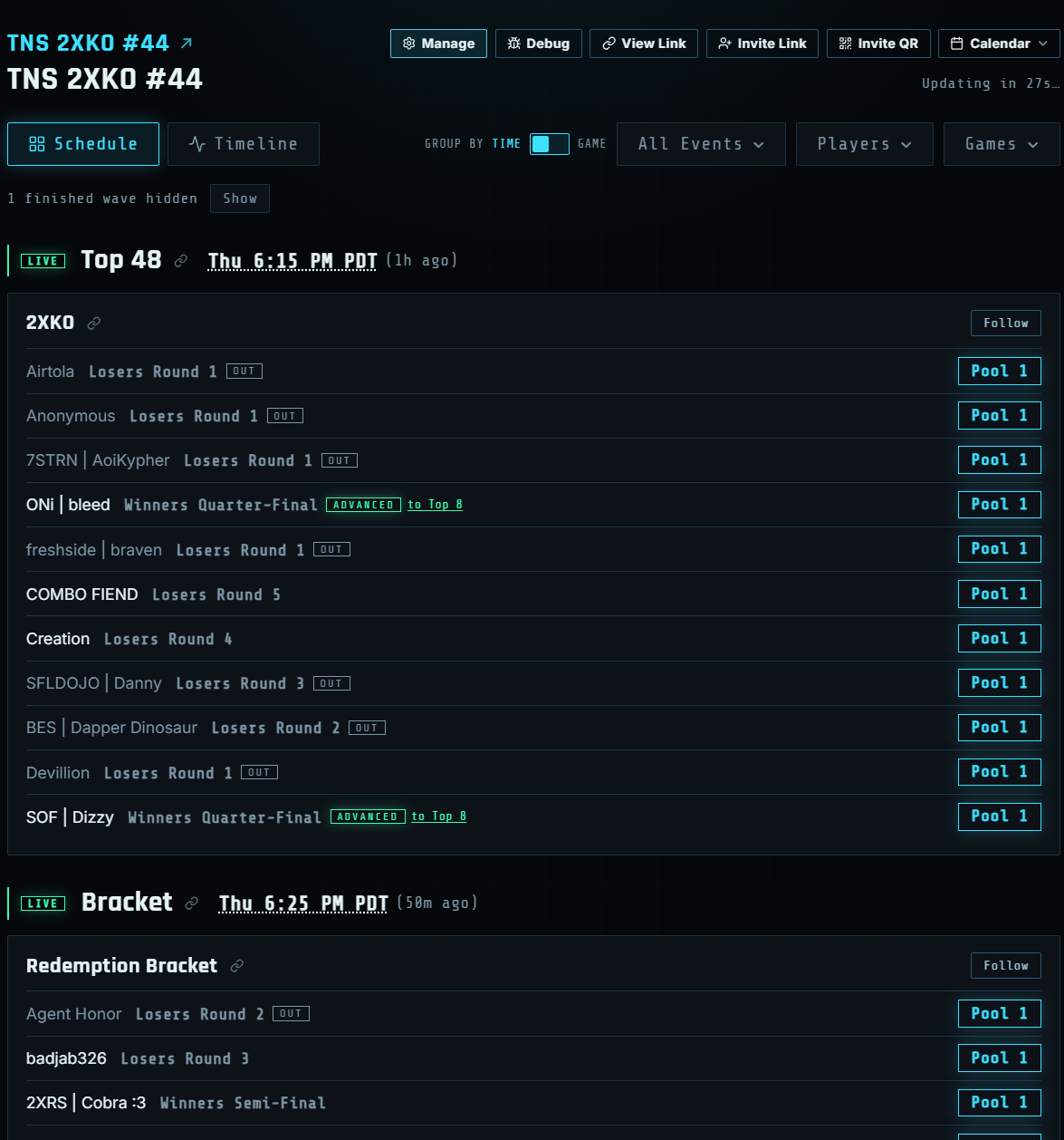 Circle schedule with live waves, rounds, ADVANCED, and Out badges