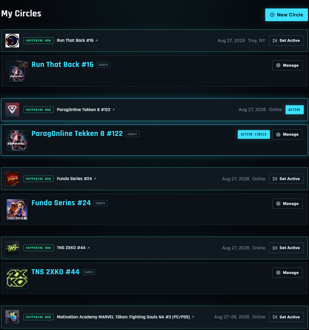 My Circles list grouped by start.gg event with art, dates, and Active Circle