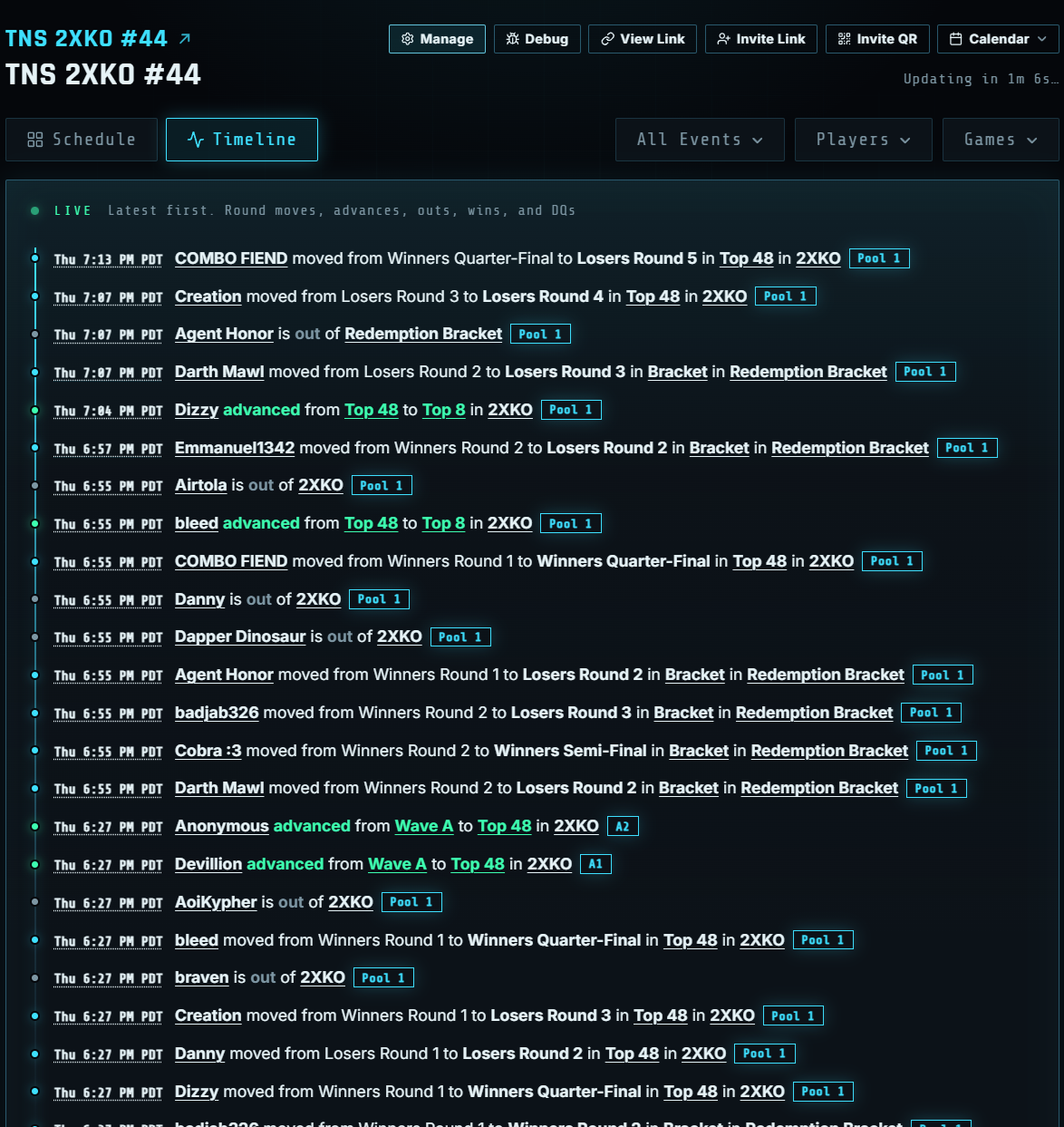 Timeline feed of advances, outs, and round moves